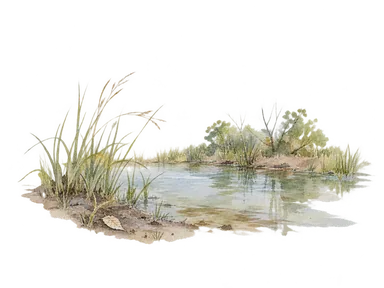 浅い水辺と草木を描いた概念水彩。ビンキンバの過去の地形配置の再現ではない