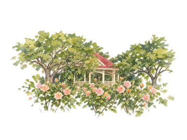 バラの花壇と木々の間に見えるニューファーム公園の音楽堂を省略した水彩