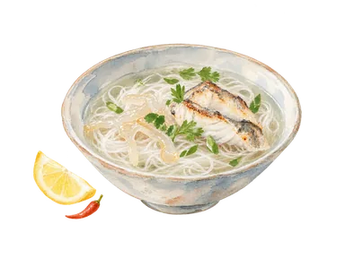 米麺とクラゲ、魚と薬味を合わせたブン・カー・スアの概念画