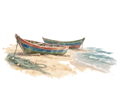 砂浜の空の木造ピローグと網を描いた漁業の概念画。特定の船や実際の水揚げ場の再現ではありません