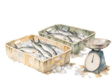 魚箱、氷と秤で表した魚の冷却・販売の概念画。特定店舗や実在の設備の再現ではありません