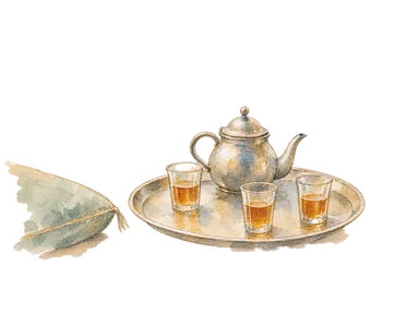 小さな茶器、三つのグラスとクッションで表したお茶の時間の概念画。特定の家庭や茶器の復元ではありません
