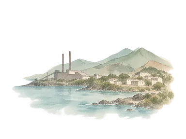 海辺の一般化した工場と住宅で工業と都市の拡大を表す歴史の概念画。実際のドニアンボ工場、現在の操業や地形の再現ではありません