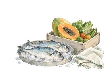 氷に載せた魚、果物と野菜、布でモーゼル市場の商いを表す概念画。特定の売り場、魚種や工芸作品の再現ではありません