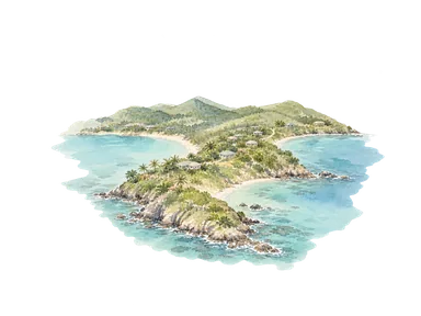 丘のある半島と湾、低い家並みでヌメアの地理を表す概念画。実際の海岸線、地図、特定建築や眺望の再現ではありません