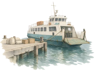 島間の旅客貨物船と荷物を表した概念画。特定の船、航路、ターミナルを再現した図ではありません