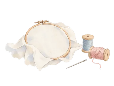 白い布と刺繍枠、糸と針を描いた手仕事の概念画。実際のオビドス刺繍の図案ではない