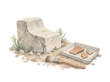 劇場遺跡の調査を表す石の座席片、刷毛と土器片の概念画。オフリドの実物資料や劇場全体の復元図ではない。