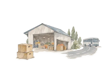 倉庫、荷箱とバスで市場と交通拠点の移転計画を表す概念画。新市場の完成、建築や実際の道路配置を示しません