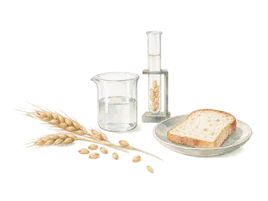 食品工学を表す実験器具と小麦、パンの概念水彩。実際の大学の研究室や製品の再現ではない。