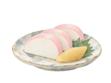 切り分けたかまぼこと数の子を載せた皿の概念画