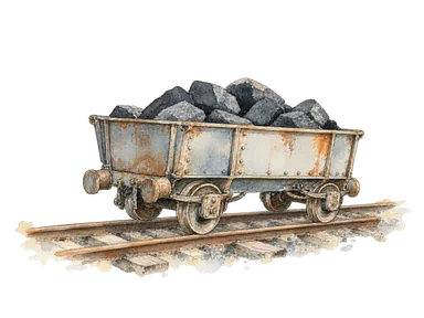 短い線路と石炭を載せた荷車による鉄道輸送の概念画