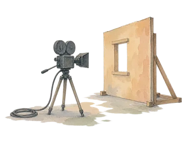 カメラと背面支持のある簡素な舞台壁で映画制作を表す概念画。実在のスタジオ、作品のセットや新計画施設の再現ではありません。