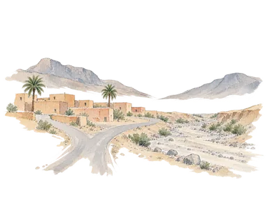 土色の低い家々と道、乾いた谷で町の地理を表す概念画。ワルザザートの実際の街路図や山の配置の再現ではありません。