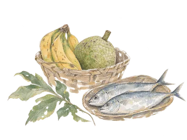 果物、魚と編みかごで中央市場の食材を表したイメージ。特定の店の再現ではありません