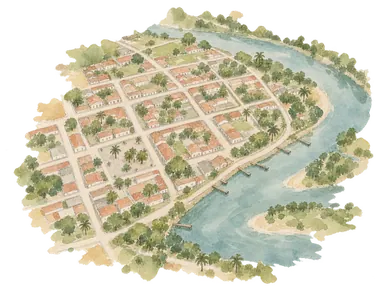 川沿いの格子状の街路を表す概念画。正確なパラマリボの地図ではありません