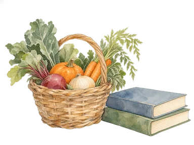 本と野菜の入ったかごを描いた地域施設と市場の概念画