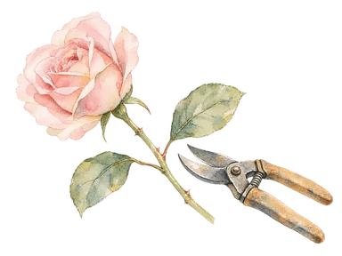 バラの枝と剪定ばさみを描いた庭仕事の概念画
