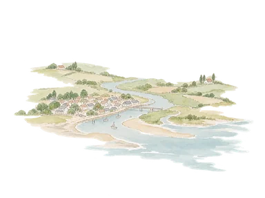 河口と市街、周囲の村や畑を示す概念水彩。実際の地図や集落配置を再現したものではない