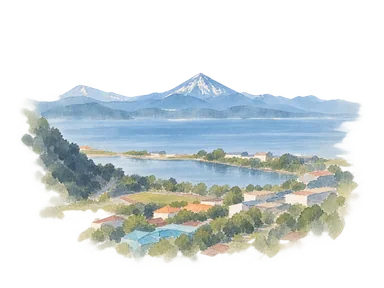 湾と湖、前景の市街と遠い山を参照写真に基づいて省略した部分景