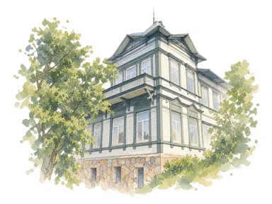 参照写真に基づく郷土博物館の木造外観と角のバルコニーの部分景