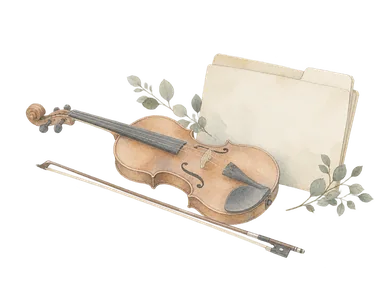 音楽資料の保存を表す、一般的なヴァイオリンと弓、資料袋の概念画。