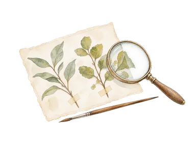 植物標本と拡大鏡を描いた研究の概念画