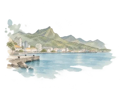 湾と市街、背後の山地の関係を表すポートルイスの概念画。正確な地図や実在の山・建物の再現ではありません