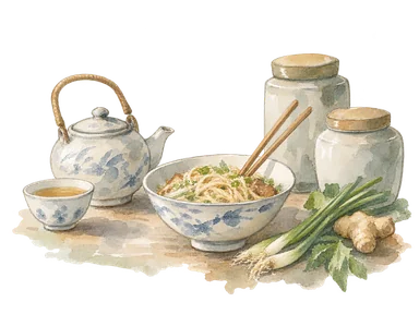 麺、茶器と保存瓶で表すチャイナタウンの食文化の概念画。特定の料理店や歴史資料の再現ではありません