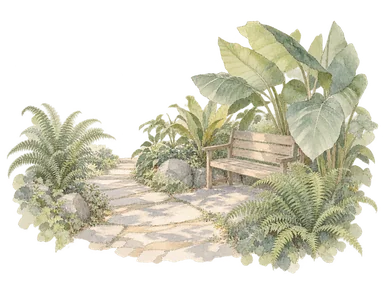 管理された庭の小道、植物とベンチで表す自然公園の概念画。実際の園路や野生動物の生息図ではありません