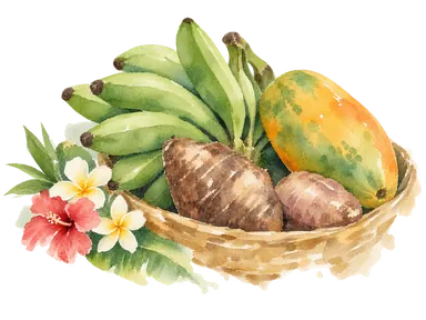 果物や根菜、花を描いた市場の概念画。特定の売り場や当日の品ぞろえではありません