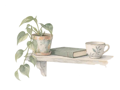 作家の家庭と植物を育て継ぐ暮らしを表す鉢植え、本、カップの概念画。夫妻の実物所蔵品ではない。