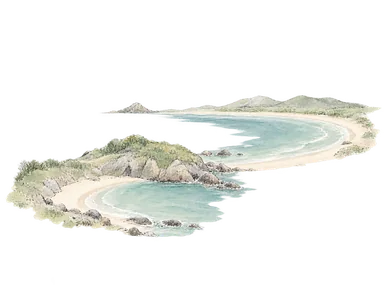 大小の砂浜と岬で地形に由来する地名を表す概念画。歴史上の海岸線や特定の湾の復元ではありません