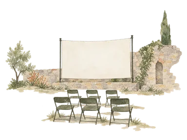 映画館から広がったドクフェストを題材にした概念的な水彩。特定の建物や資料の復元ではない。