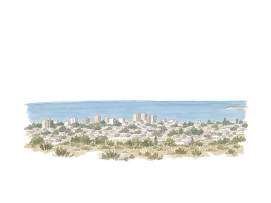 実見写真を参考に、湾の手前の低い市街と海沿いの中高層建物、乾いた前景を描く水彩。個々の建物と標識を省略