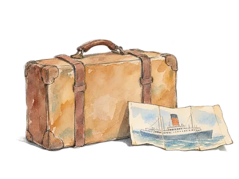 初期の避暑旅行を表す古い旅行かばんの概念画。実物の史料・特定の旅行者の持ち物ではない