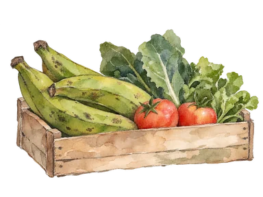 青いバナナと野菜を置く市場の売り場の概念画