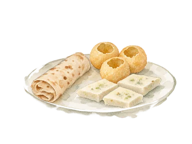 ロールと丸い軽食、菱形の菓子を配した食べ物の概念画