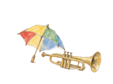 フレヴォの音楽と踊りを表す、小さな色傘と管楽器の概念画