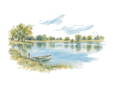 平らな公園の岸辺と小舟で都市の水辺を表した概念画。ワスカナ湖の正確な湖岸形状、植栽配置や街の実景ではありません
