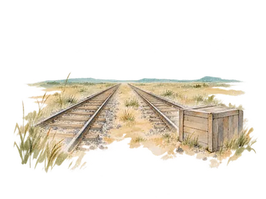 平原へ延びる線路と無地の貨物箱で鉄道による都市形成を表した概念画。1882年の線路、駅、車両や先住民族の生活を復元した図ではありません