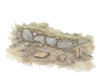 土と石の壁の基礎で表す考古学の概念画。実際の遺構配置や出土品の再現ではありません