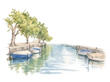 写真を参考に、旧流路の水面と両岸の小舟、左の並木を簡略に描いた部分図