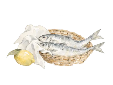籠に置いた魚を描いた市場の概念図。特定の魚種や売場を再現していない
