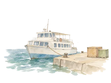 小さな旅客船と荷箱でロゾーの海上交通を表した概念画。特定の船やターミナルの再現ではありません