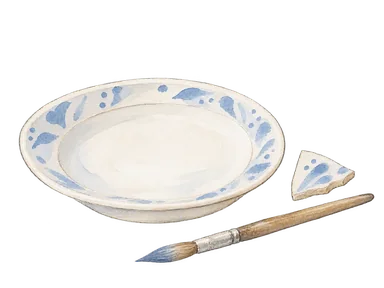 皿と陶片、筆を描いた陶器制作の概念図。博物館の収蔵品の再現ではない