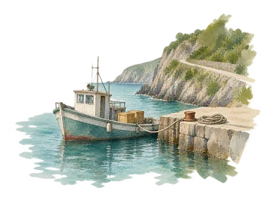 小さな船、岸壁の荷物と崖の道による海上輸送の概念画。フォート湾の正確な港湾配置や未完成のブラック・ロックス新港を描いたものではありません