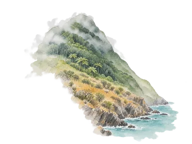 雲霧林、急な緑の斜面と海を組み合わせたサバ島の地形の概念画。山の正確な稜線や特定地点からの実景ではありません
