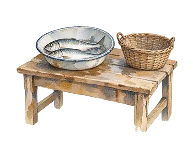 魚の販売と加工を表す籠や作業台の概念画。特定の加工方法や実際の現場ではありません