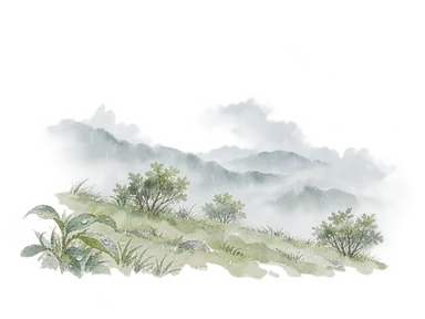 霧と小雨が草地を湿らせる一般概念水彩。特定の山やワディの外形を再現しない